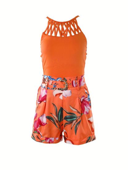 Casual Two-piece Set, Solid Cut Out Cross Back Top & Floral Print Belted Shorts, Women's Clothing