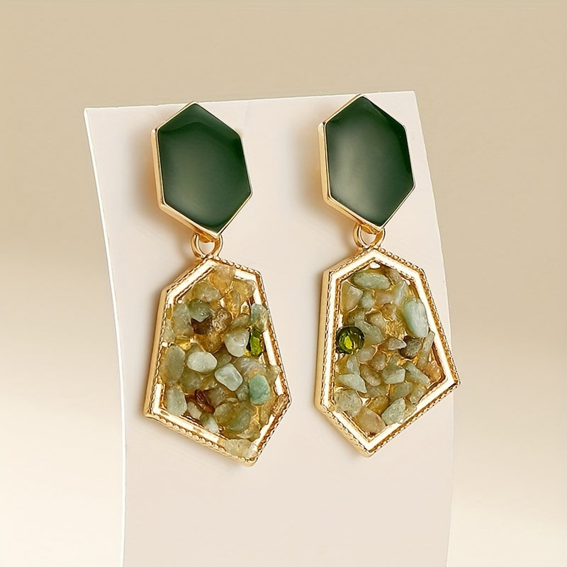 Brincos pendentes hexagonais verde-abacate com decoração de cristais artificiais, estilo retro elegante, em liga de zinco banhada a ouro 18K, joias para banquetes.