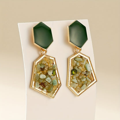 Brincos pendentes hexagonais verde-abacate com decoração de cristais artificiais, estilo retro elegante, em liga de zinco banhada a ouro 18K, joias para banquetes.