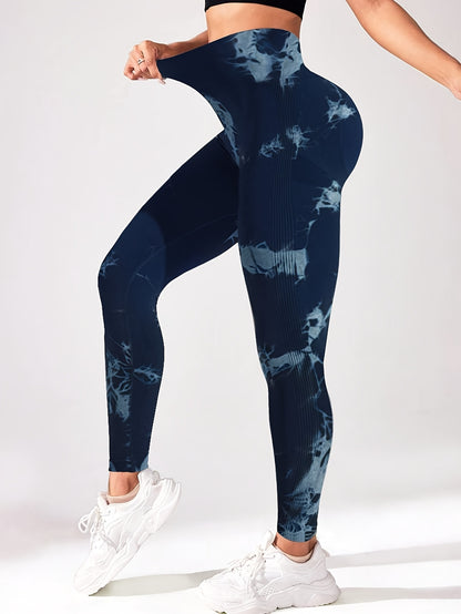 Women's High-Waisted Tummy Control Compression Leggings - Seamless Tight-Fit Gym Pants with Ombre Blue Tie-Dye Print, Full-Length Non-Sheer (Machine Washable, All-Season), for Women, Trendy, Stretchy Fabric, Wear, Lifestyle
