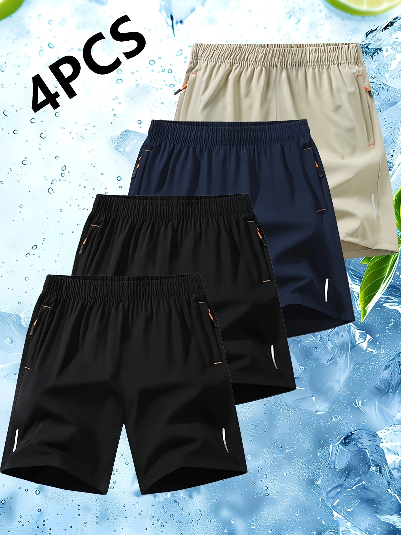 Conjunto de 4 calções desportivos para homem com riscas refletoras - Calções respiráveis ​​de secagem rápida para treinos de verão com bolsos, bege, azul marinho e preto. Calções para ténis e ginásio, design desportivo, tecido de secagem rápida.