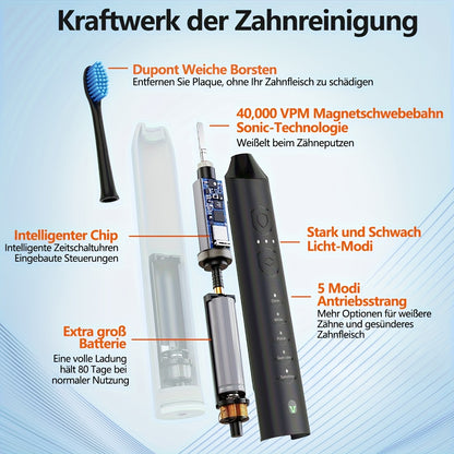 Escova de dentes elétrica sónica recarregável, limpeza profunda com 5 modos, 6 cabeças de escova de substituição, equipada com base de carregamento USB, portátil, ideal para viagens, dormitórios, presente, preta, rosa, azul.