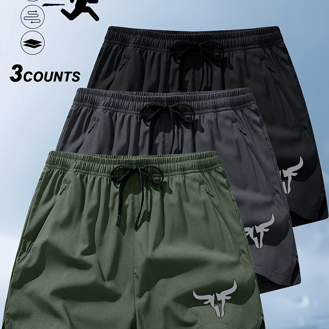 3pcs Men'S Breathable Beach Shorts with Pockets - Stylish Bull Head Print, Lightweight Drawstring Swim Trunks, Polyester/Elastic Fabric, Summer Casual Wear, Beachwear Shorts | Fashionable Bull Print | Functional Pockets for S