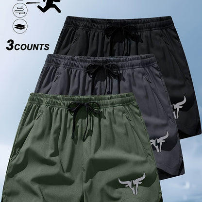 3pcs Men'S Breathable Beach Shorts with Pockets - Stylish Bull Head Print, Lightweight Drawstring Swim Trunks, Polyester/Elastic Fabric, Summer Casual Wear, Beachwear Shorts | Fashionable Bull Print | Functional Pockets for S