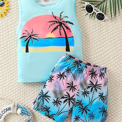 Boy's Coconut Trees Casual Outfit Round Neck Tank Top & Shorts Comfortable Breathable For Summer Kids Clothes Sets, Ideal For Daily & Outdoor Wear