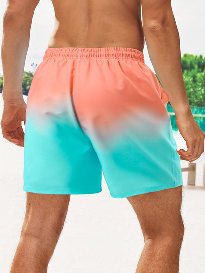 Men's Gradient Beach Shorts - Quick-Dry, Drawstring Waist, Pockets, Polyester, Ideal for Summer Activities & Casual Wear, Casual Summer Shorts|Summer Fashion Shorts|Lightweight Shorts