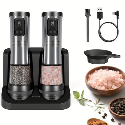 1pc/2pcs Upgraded Electric Pepper Grinder | Rechargeable Salt & Pepper Grinder - Variable Grinding Speed, External Coarseness Adjustment, Dust Cover & LED Light, Perfect for Restaurants, Kitchens, Picnics & Barbecues Christma