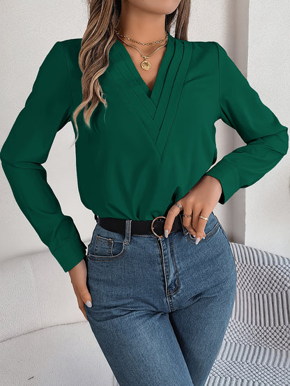 Women'S Elegant V-Neck Long Sleeve Shirt, Solid Color Polyester Blouse with Triple V-Cut, 95% Polyester 5% Elastane, Woven Fabric, 120g/m², for Spring/Summer/Fall - Adult