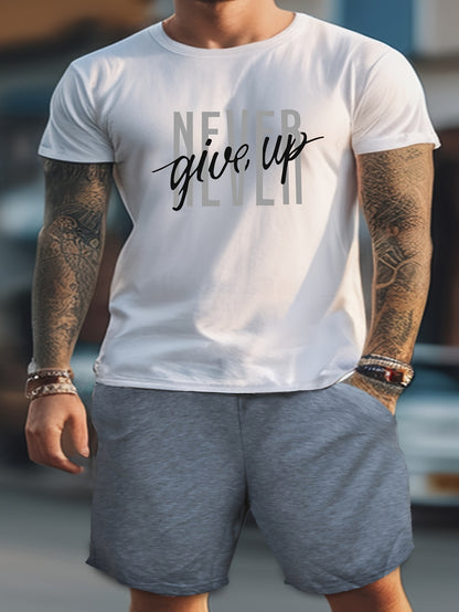 Men's Fashion NEVER GIVE UP Letter Print Loungewear Set, Short Sleeve Crew Neck Graphic T-shirt & Drawstring Shorts With Pockets, Casual Pajama Set, Men's 2piece Outfits