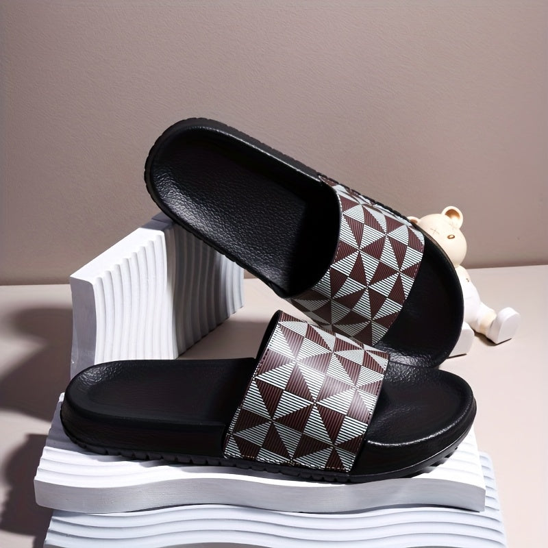 Sandálias de verão tipo slide para homem - Chinelos casuais antiderrapantes com sola macia e estampado geométrico, preto e cinzento, confortáveis ​​para uso interior e exterior.