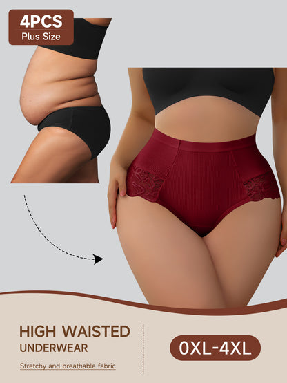 4pcs Women'S Plus Size High-Waisted Briefs - Tummy Control Butt Lifting Underwear with Seamless Wrap, Non-Slip Grip & Lifted Hipline - Stretchy Everyday & Special Occasion Panties - Burgundy/Beige/Black/ - QUASTI, Tummy Contr