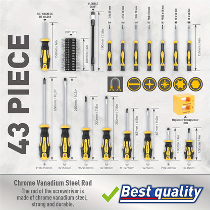 43pcs Professional Screwdriver Set with Magnetic Bit Holder - Chrome Vanadium Steel, Includes Slotted, Phillips, Hex, Torx Bits & Precision Tools - Durable Repair Kit for DIY & Industrial Use
