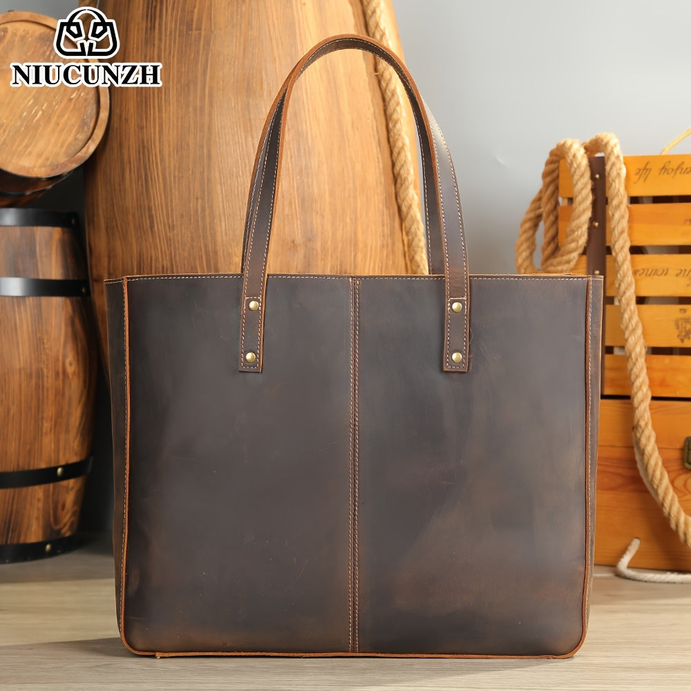 NIUCUNZH Men's Vintage Genuine Leather Tote Bag, Top Layer Cowhide, Large Capacity Shoulder Bag for Going Out, Briefcase Style Handbag, Maintenance Free