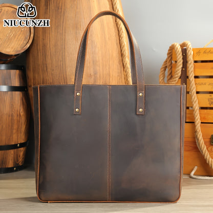 NIUCUNZH Men's Vintage Genuine Leather Tote Bag, Top Layer Cowhide, Large Capacity Shoulder Bag for Going Out, Briefcase Style Handbag, Maintenance Free