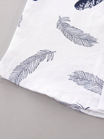 Conjunto casual para bebé menino - Camisola de manga curta e calções com estampado de penas - Conjunto infantil de 2 peças para atividades ao ar livre