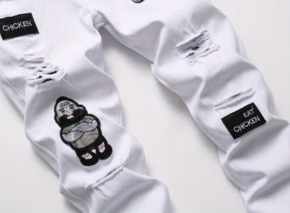Men Fashion White Ripped Distressed Destroyed Washed Denim Jeans Ripped Slim Fit Wild Jeans White Denim Pants