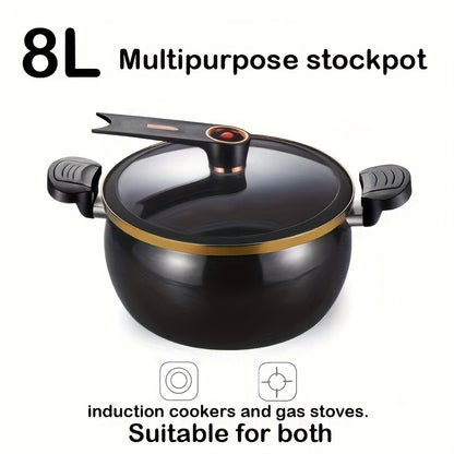 8L Large Cast Iron Stew Pot with Lock Lid - Multifunctional Soup Pot, Suitable for Fast Boiling, Compatible with Gas Stoves, Black Golden Rim | Stylish Black Cookware | Glass Lid Design, Home Gift