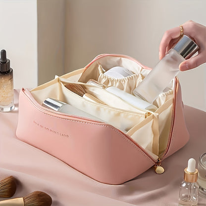 1pc Fashionable Artificial Leather Makeup Bag, Portable Travel Cosmetic Organizer with Handle, Large Capacity Toiletry Storage Pouch, Ideal for Christmas, Halloween, Thanksgiving Gift - No Fragrance