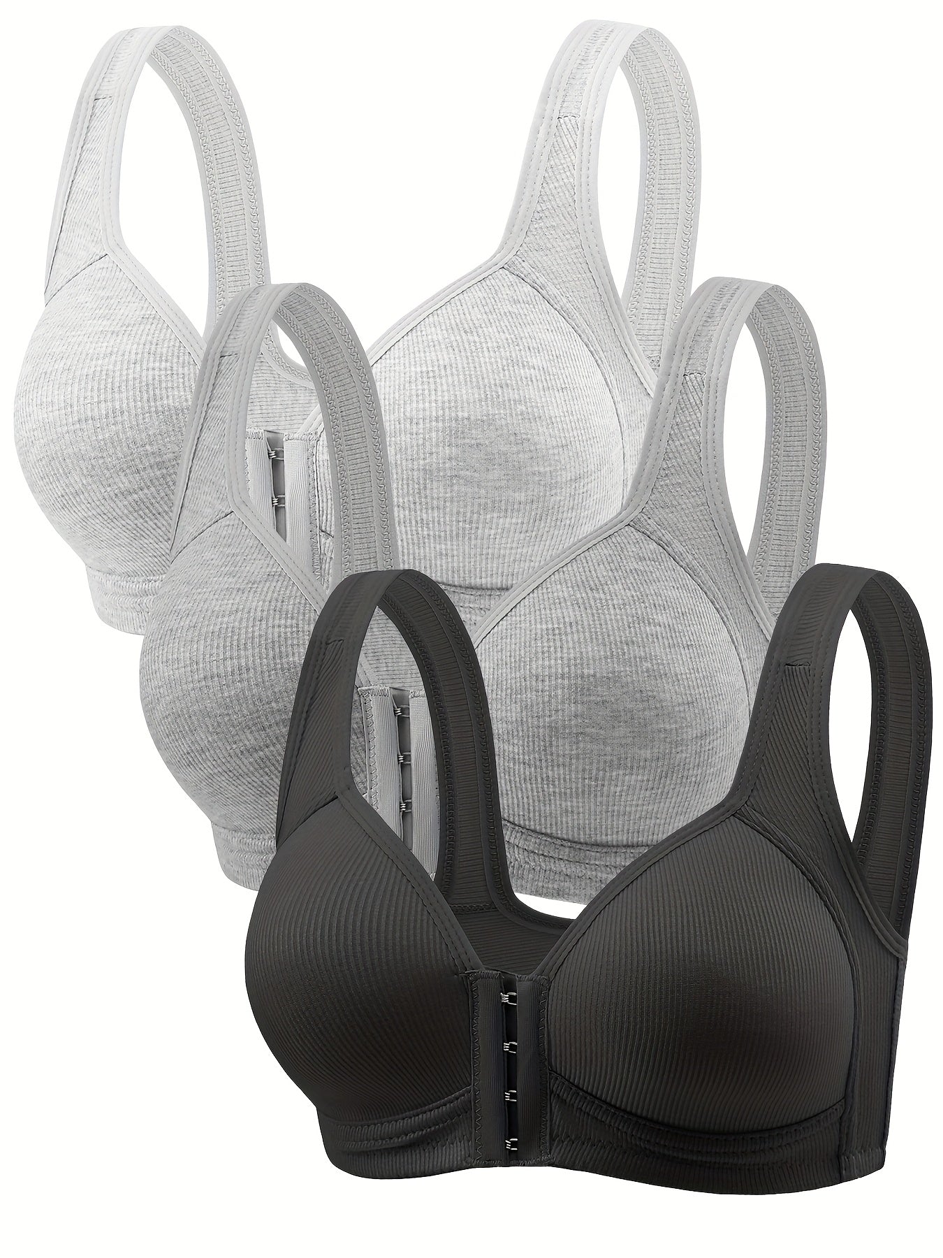 3pcs Set, Front Closure, Vertical Stripe, Gathered, No Underwire Bra