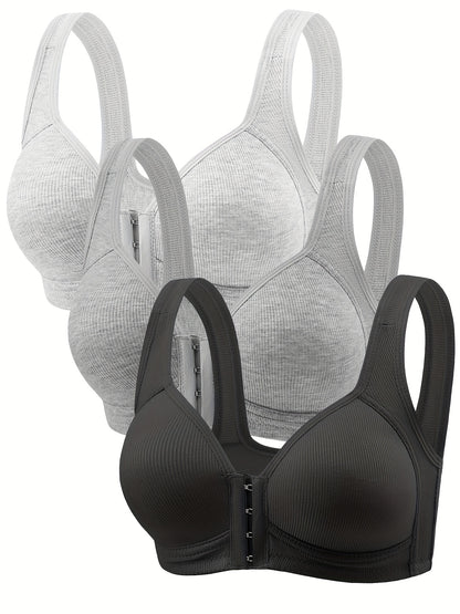 3pcs Set, Front Closure, Vertical Stripe, Gathered, No Underwire Bra