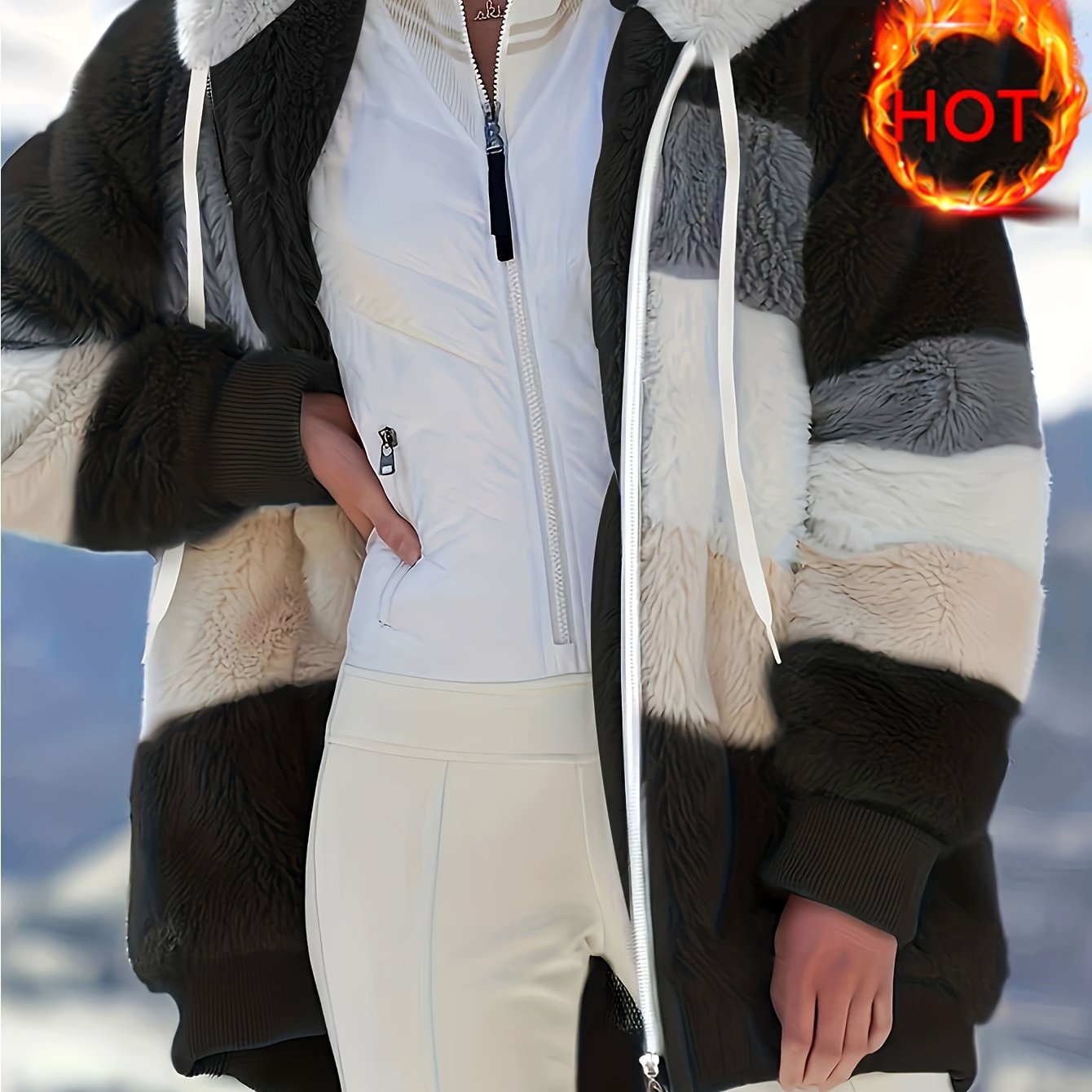 Women's Plush Faux Fur Hooded Jacket - Loose Fit Color Block Coat with Blue/Beige/White/Black Design, Long Sleeve Winter Warmth, Machine Washable for Casual & Formal Outfits, Ladies Winter Coats, Autumn Layering Piece, Formal