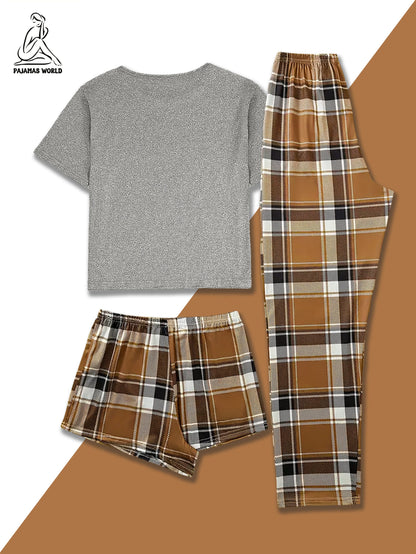 Women'S Casual Cartoon Bear & Plaid Pajama Set - Soft, Loose-Fit Short Sleeve Top with Elastic Waistband, Long Pants & Shorts, Cozy Fall/Winter Sleepwear