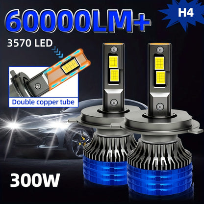2pcs H4 H7 Car Bulb LED Headlights With 300W High Power 60000LM, Compatible with Canbus And Various Models Including  H1, H11 H8 H9, HB3 9005, HB4 9006, 12V 24V, Featuring Turbo Lamp at 6000K for Vehicles, Without Battery