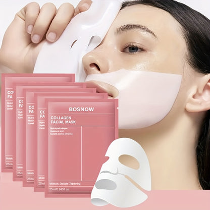 Máscara facial branca de colagénio com efeito lifting instantâneo (5 unidades), hidratante e nutritiva, mantém a pele bege clara hidratada e viçosa, refirmando-a, deixando-a mais firme e macia, com um aspeto mais bonito e radiante.