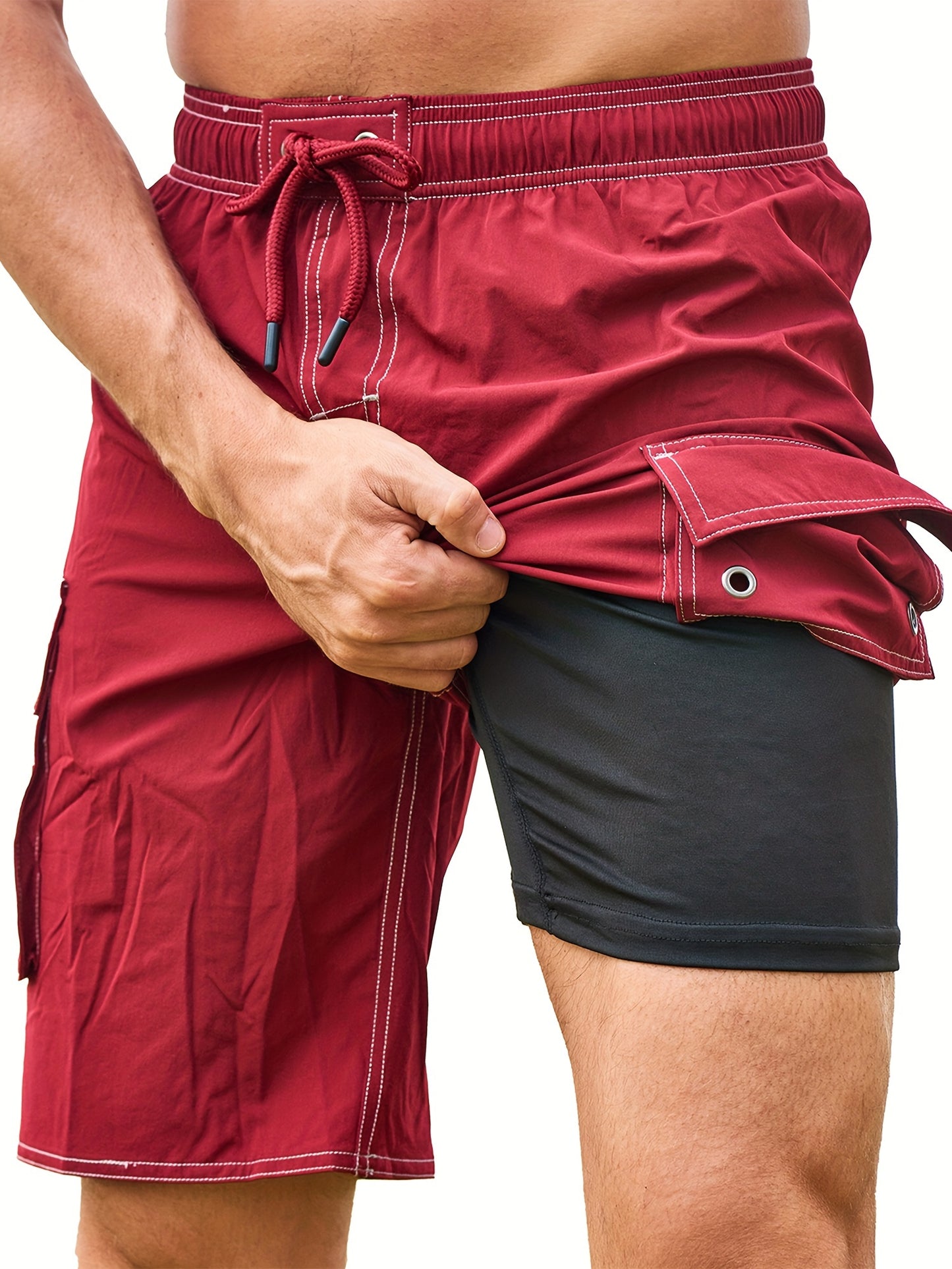 Men's Quick-Dry Swim Shorts with Adjustable Drawstring Waist & Pockets - Sporty Solid Black Beach Shorts for Swimming, Surfing, Water Sports - Machine Washable Regular Fit, Swimming Gear | Sleek Construction