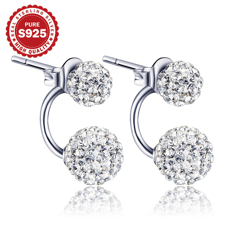 1 Pair of Women's Earrings, S925 Sterling Silvery Shambala Spiral Studs, Sparkling Blingbling Double Ball Dangle Earrings for Parties and Weddings, Hypoallergenic