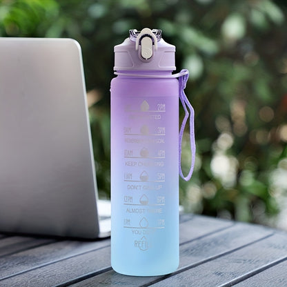750ml Motivational Gradient Water Bottle With Time Marker And Straw - Leakproof Sports Water Cup For Outdoor Activities, Running, Fitness, Hiking, And Camping - BPA-Free Plastic, 32 Oz.
