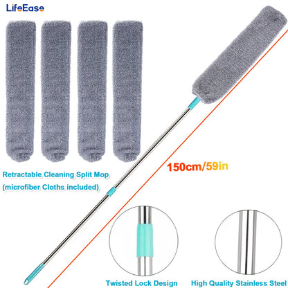 Extended Retractable Dusting Split Mop with 4/6/8/12 Microfiber Dusting Cloths, Underbed Cleaning, for sweeping dust, wiping crevices of sofas, Extended mop for mopping under beds, home cleaning, cleaning tools for the school