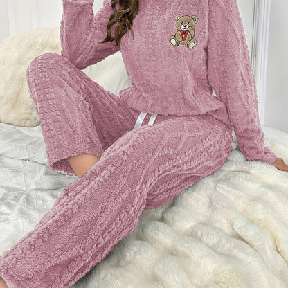 Pijama de menina em pelúcia para o outono e inverno - Conjunto com blusa de manga comprida em veludo coral grosso, gola redonda e calças. Estampado fofinho de ursinho bordado, ideal para o dia a dia. Roupa casual e confortável.