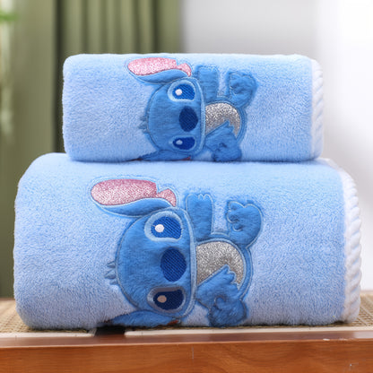 2pcs set of Stitch and Mickey Coral Fleece Bath Towel Set, Bath Towel + Towel Combination, Soft and Absorbent, Suitable for Daily Use