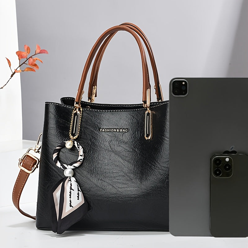 Bolsa de senhora CHROSGEKEIDI em tecido genuíno com alça removível - Grande capacidade, fecho de correr, elegante bolsa preta para uso diário, presente perfeito para mães ou familiares, bolsa versátil | Bolsa elegante | Forro em poliéster, tamanho pequeno