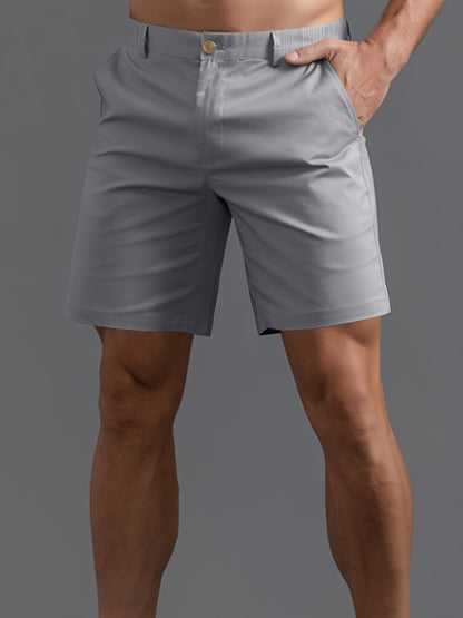 5pcs Men'S Fashion Solid Color Shorts, Woven, Simple, Straight Leg, Five-Inch, Versatile, Business Style, Street, Versatile, Beach Vacation, Travel, Outdoor, Casual, Sports, Zipper, Resin, Button, Half, Elastic, Belt, Casual
