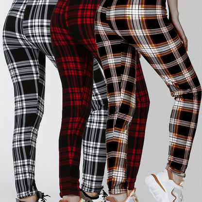 3 Packs Women'S Soft & Stretchy Tight Leggings - Black, White, and Red Plaid Patterns, High Waist, Elastic Waistband, Crop Length, Perfect for Fitness, and Casual Weekend Wear, Casual Wear Leggings|Plaid Pattern Leggings|Stre