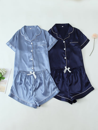 2 Sets Women's Striped Satin Casual Pajama Set, Short Sleeve Buttons Lapel Top & Shorts, Comfortable Relaxed Fit