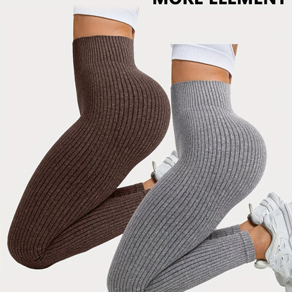 2pcs Women'S High-Waisted Yoga Leggings - Seamless Ribbed Texture, Tummy Control & Butt-Lifting, Breathable & Moisture-Wicking, 7/8 Length for Gym, Outdoor & Casual Wear - All-Season Stretchy Workout Pants, Yoga Pants, Gym Ap