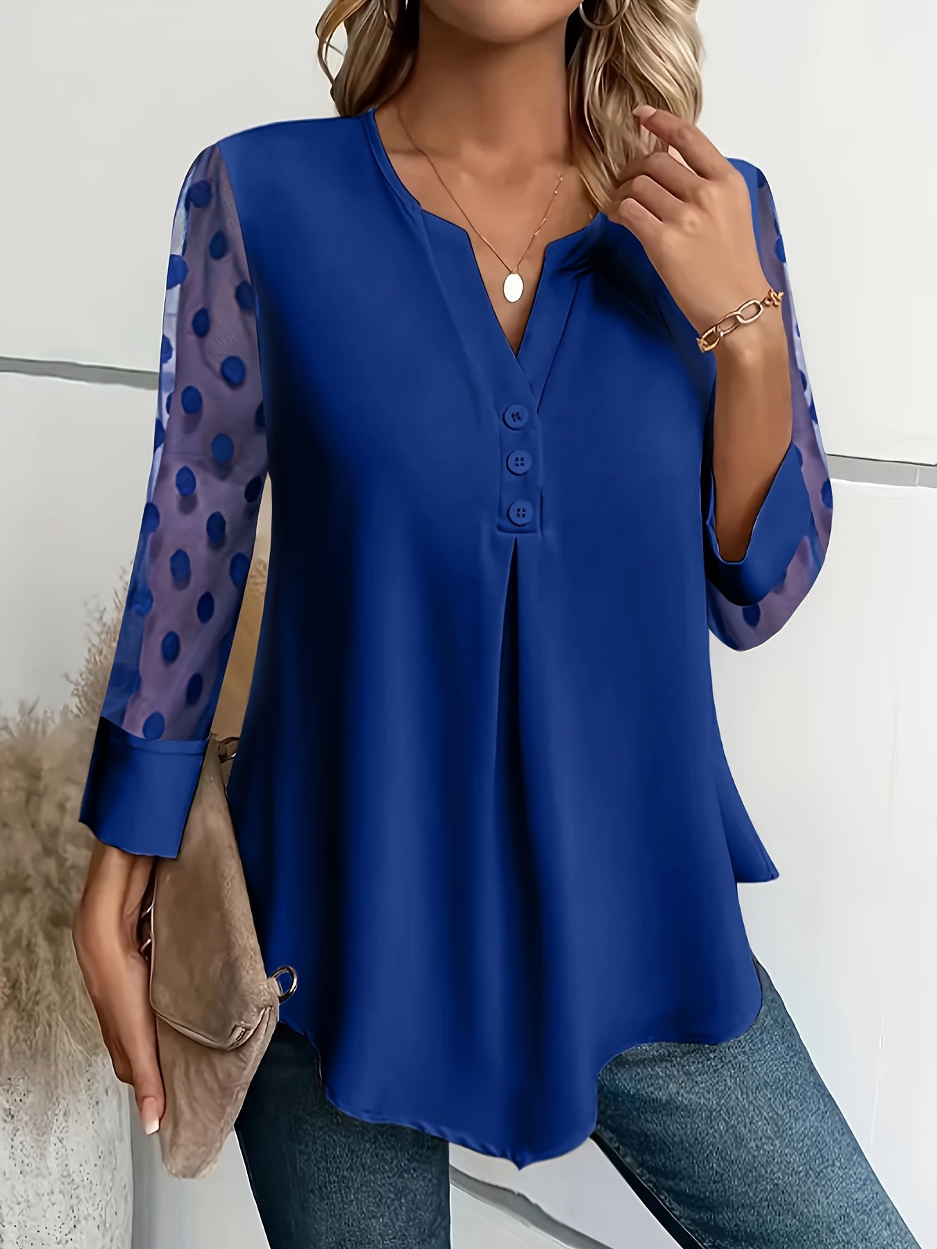 Solid Button Front Blouse, Elegant Long Sleeve Notched Neck Top, Women's Clothing