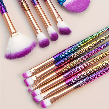 11pcs Mermaid Makeup Brush Set - Fish Tail Design, Nylon Bristles for All Skin Types, Fragrance-Free Beauty Tools