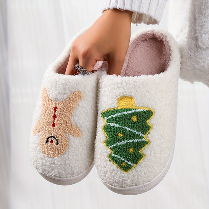 Christmas Tree Pattern Fuzzy Slippers, Winter Warm Closed Toe Flat Floor Shoes, Cozy Soft Sole Plush Home Slippers