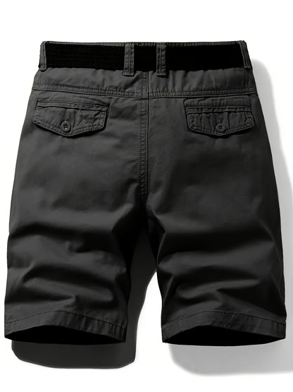 Two-Piece Set, Men's Solid Color Outdoor Casual Comfortable Breathable Multi-Pocket Cargo Shorts