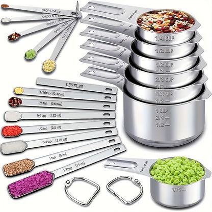 7pcs Set 20pcs Set Measuring Cup + Measuring Spoon Set 7 Stainless Steel Measuring Cups Set + 1 Level And 5 Mini Measuring Spoons for Cooking And Kitchen Measuring Spoons And Measuring Cups Baking Supplies Baking Tools