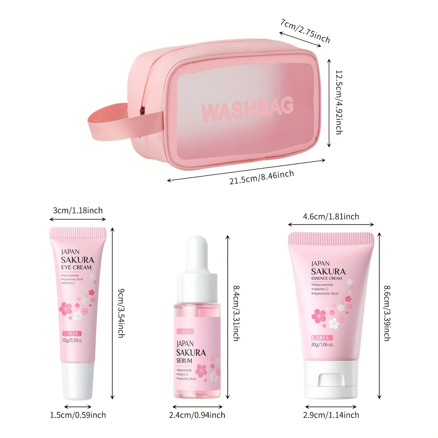 Kit de cuidados de pele LAIKOU Sakura com 3 peças - Kit de viagem com sérum, creme facial e creme de olhos (17ml, 30g - Niacinamida e Vitamina C, Ácido Hialurónico, Todos os tipos de pele, Unissexo, Essenciais de beleza | Estética Rosa | Kit compacto