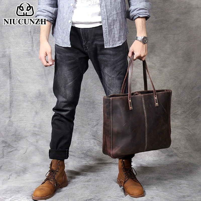 NIUCUNZH Men's Vintage Genuine Leather Tote Bag, Top Layer Cowhide, Large Capacity Shoulder Bag for Going Out, Briefcase Style Handbag, Maintenance Free