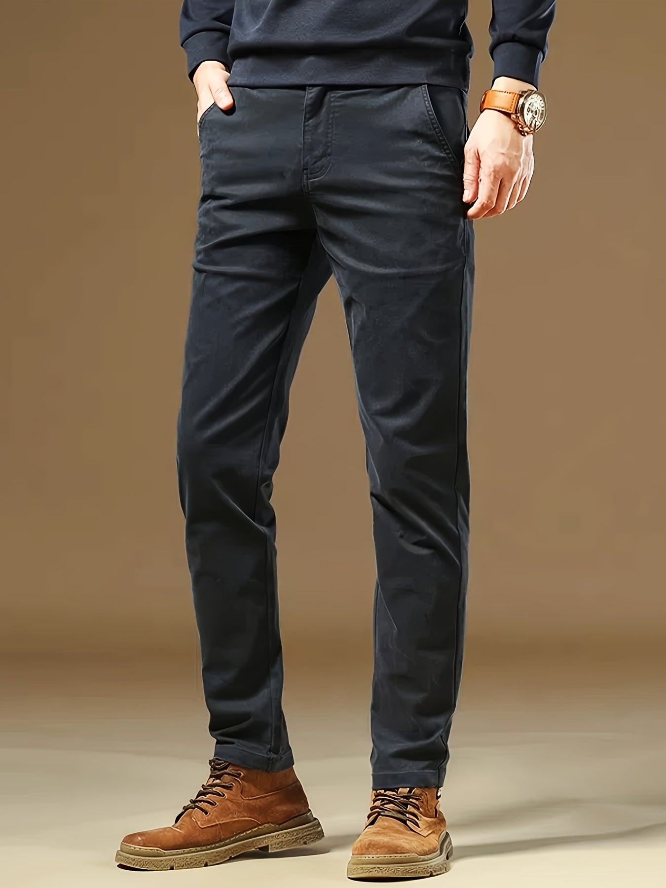 Men's Solid Navy Blue Straight-Leg Dress Pants - All-Season Full-Length Formal & Business Casual Trousers with Zipper Closure, Machine Washable, Durable Comfort Fit for Office, Semi-Formal & Casual Attire - Versatile Solid Co