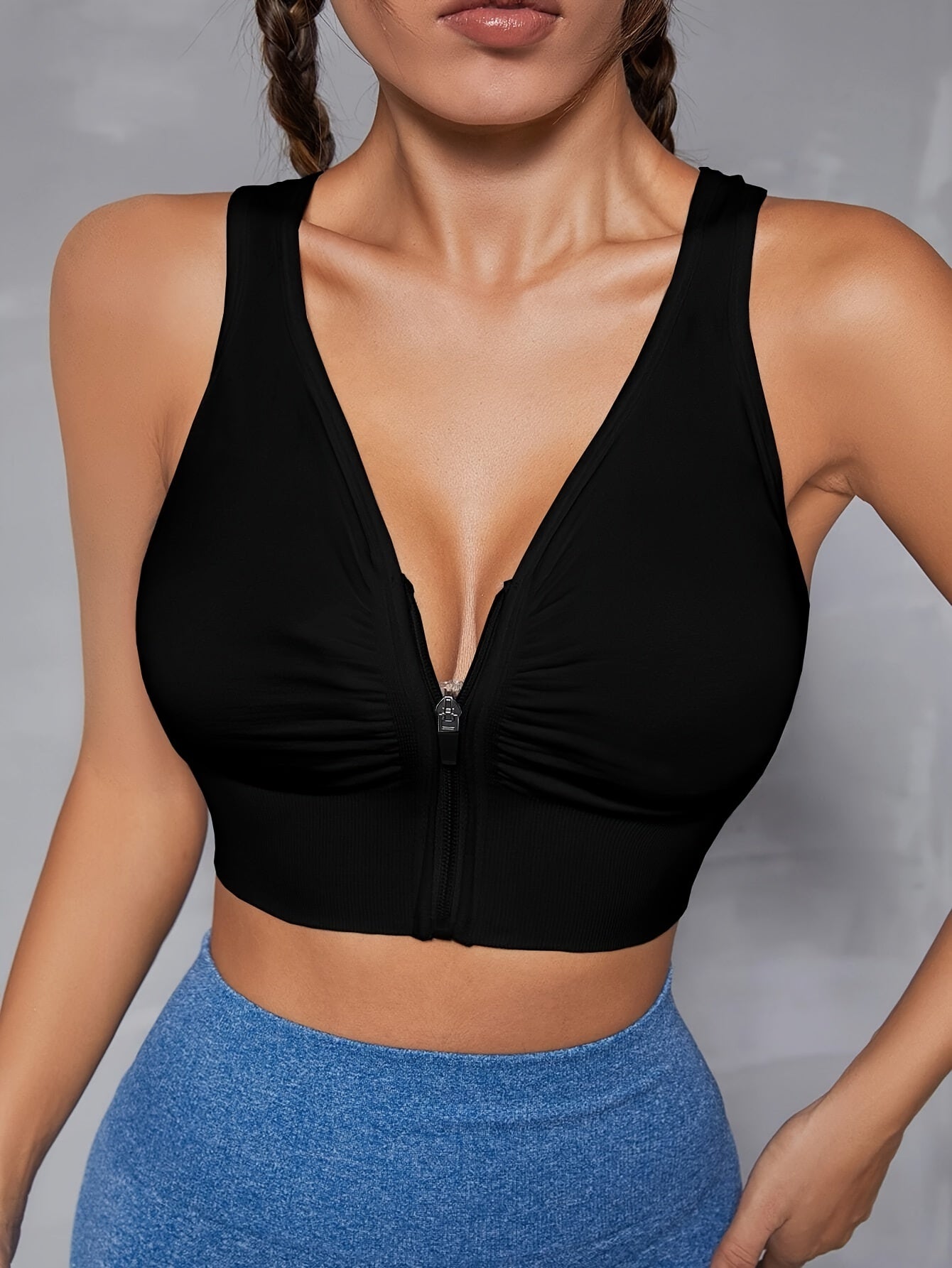Women's Seamless Sports Bra With Zipper Front, Wide Shoulder Straps, Padded, Wire-Free, Comfort Fit, Racerback, Gym Fitness Yoga Bra Top