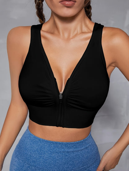Women's Seamless Sports Bra With Zipper Front, Wide Shoulder Straps, Padded, Wire-Free, Comfort Fit, Racerback, Gym Fitness Yoga Bra Top