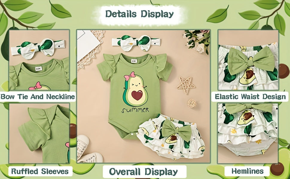 Conjunto de Roupa Infantil para Bebé Menina com Estampado de Abacate: Macacão, Calções e Fita para o Cabelo - 3 Peças - Ideal para o Verão e Atividades ao Ar Livre
